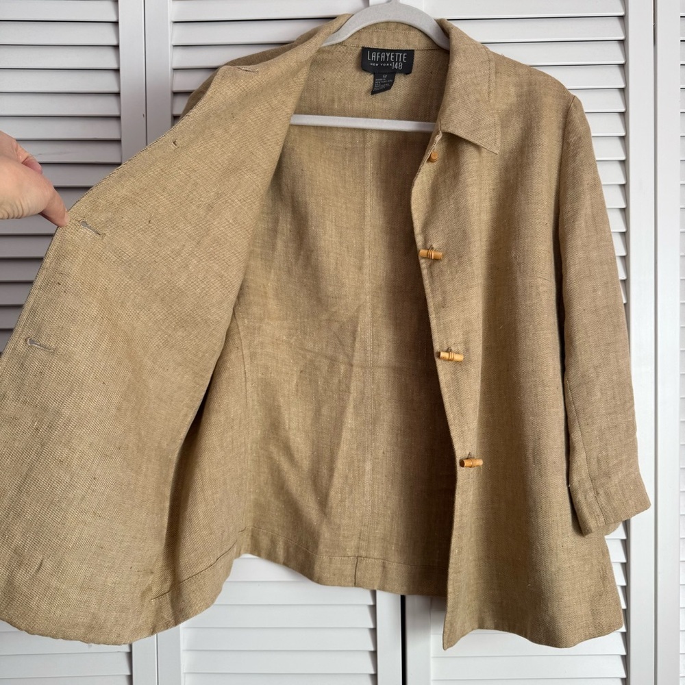 Lafayette 148 New York Linen Wooden Toggle Button Blazer Jacket Tan Beige 12 - Picture 5 of 11